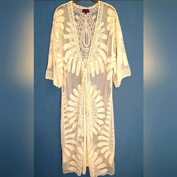 artesia Jackets & Blazers - NEW Artesia Long Duster Kimono Embroidered Mesh 3/4 Sleeve Tie Front Cover Large